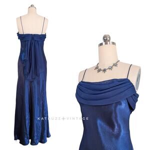 Vintage Prom Dress Maxi Gown Size L Blue 90S Y2K Satin Fairy Princess Ruffle